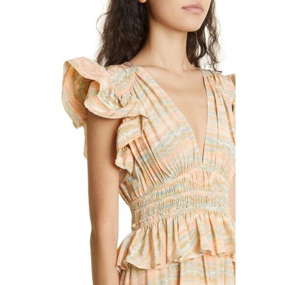 Ulla Johnson Bendetta Dress in Opal Sz 4 Peach Cream Blue Silk Chiffon Ruffles - Picture 3 of 16
